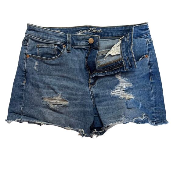 Universal Thread Distressed High Rise Midi Stretch Jean Shorts Dark Blue Size 10 - Picture 1 of 8